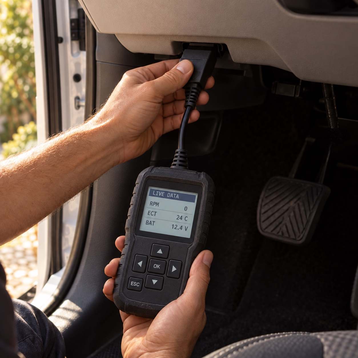Подключение диагностического сканера к разъёму OBD-II